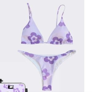 🆕 Shekou Floral Print Cami String Bikini Swimwear - Light Purple L/XL